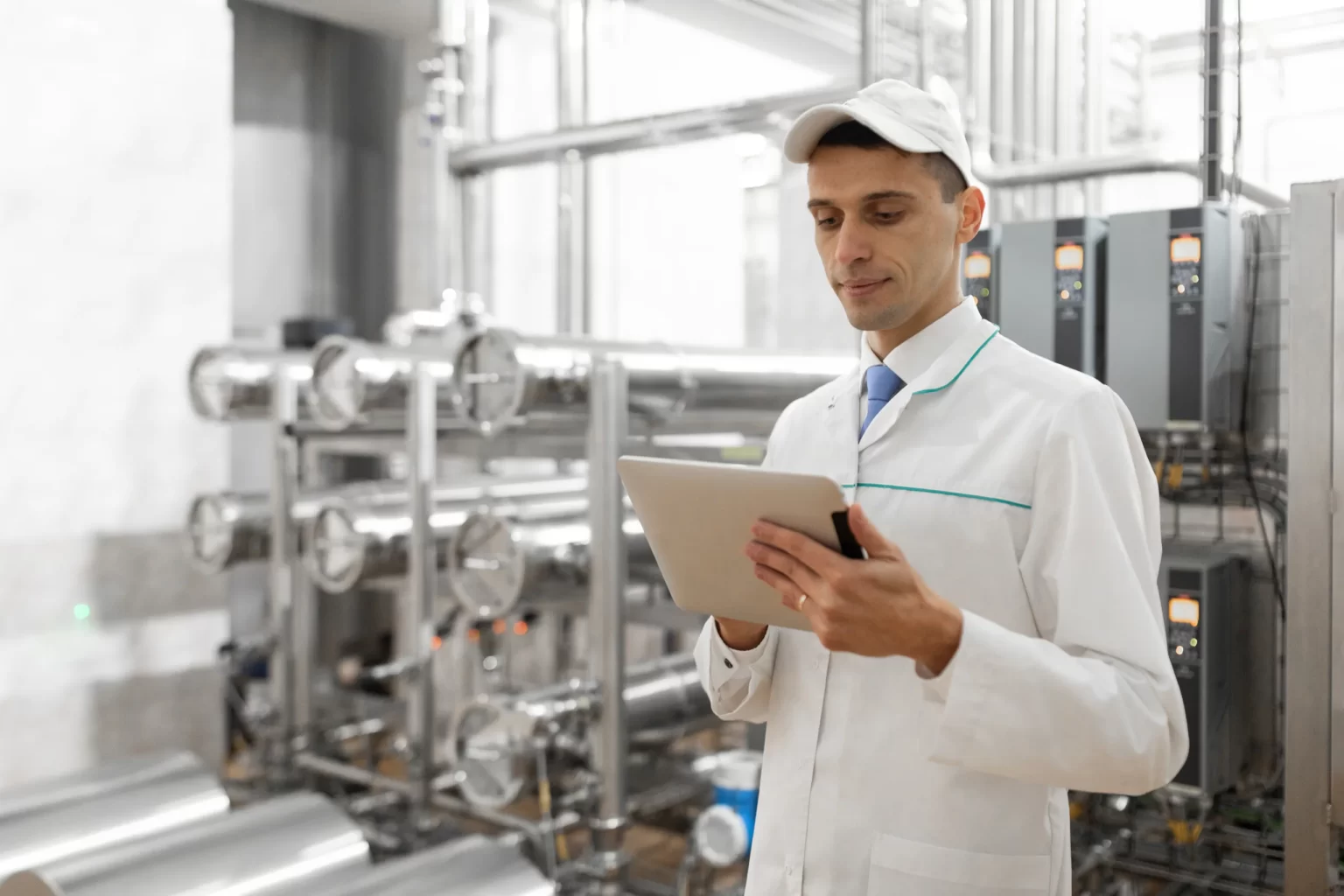 Technicien supervisant la production sur tablette dans une usine agroalimentaire