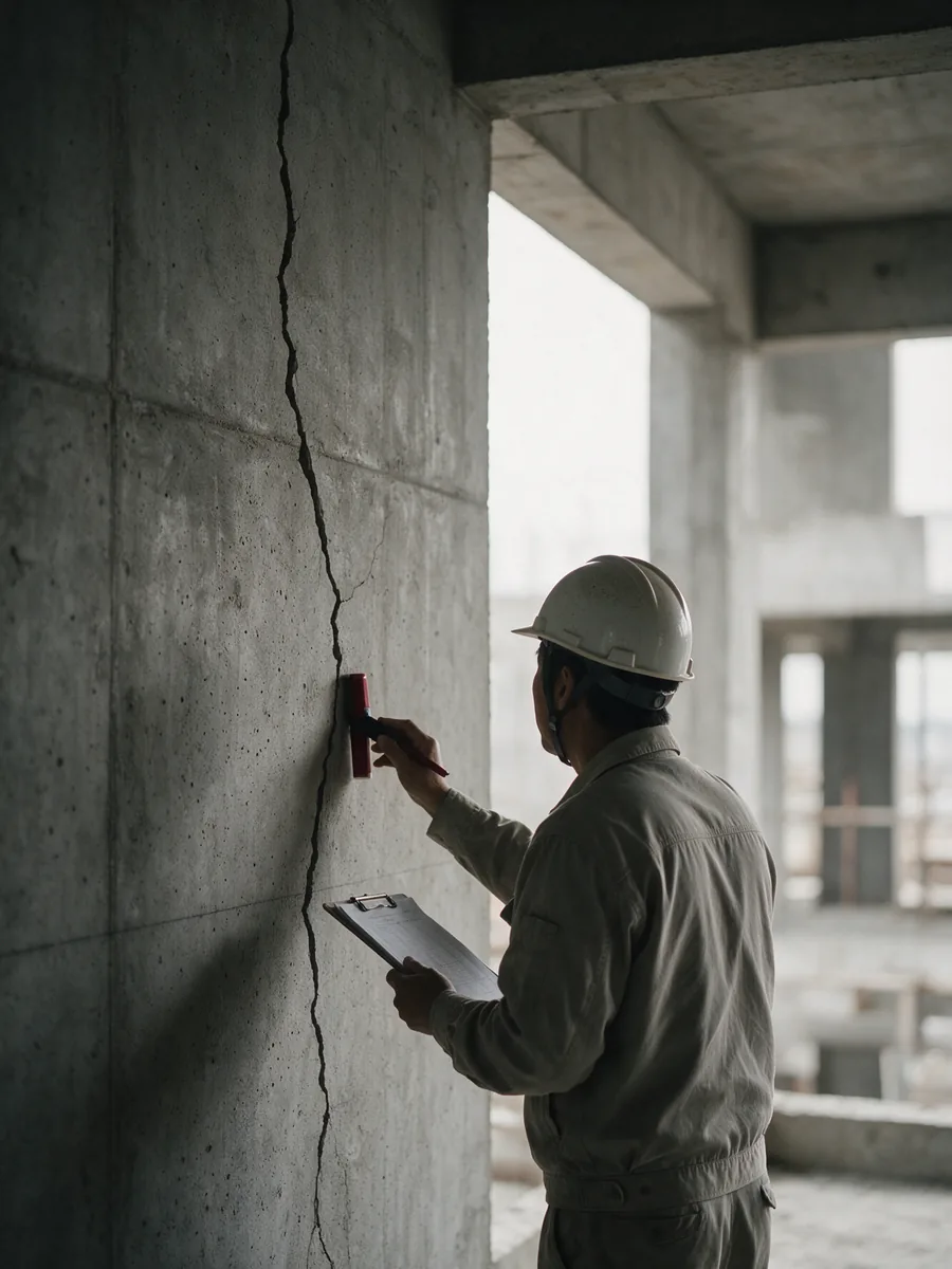 Expert bâtiment relevant une fissure structurelle sur un mur béton lors d’une expertise de sinistre construction, dossier défendu par Roussille Assurances