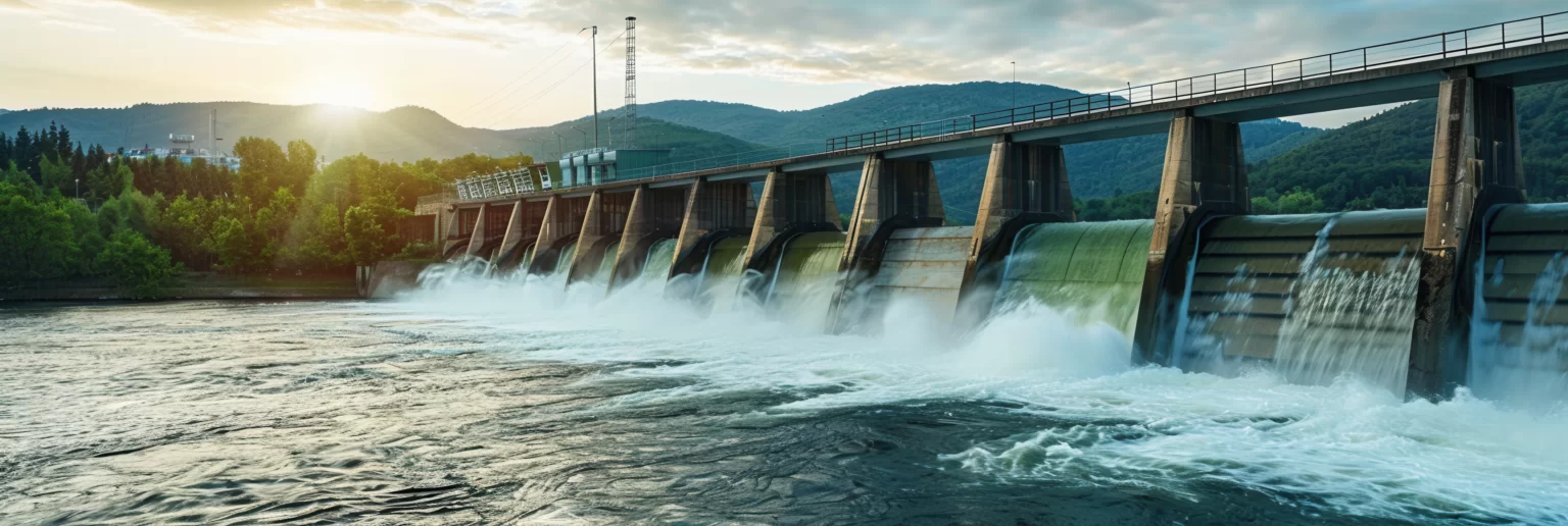 Barrage hydroélectrique et son déversoir au coucher du soleil