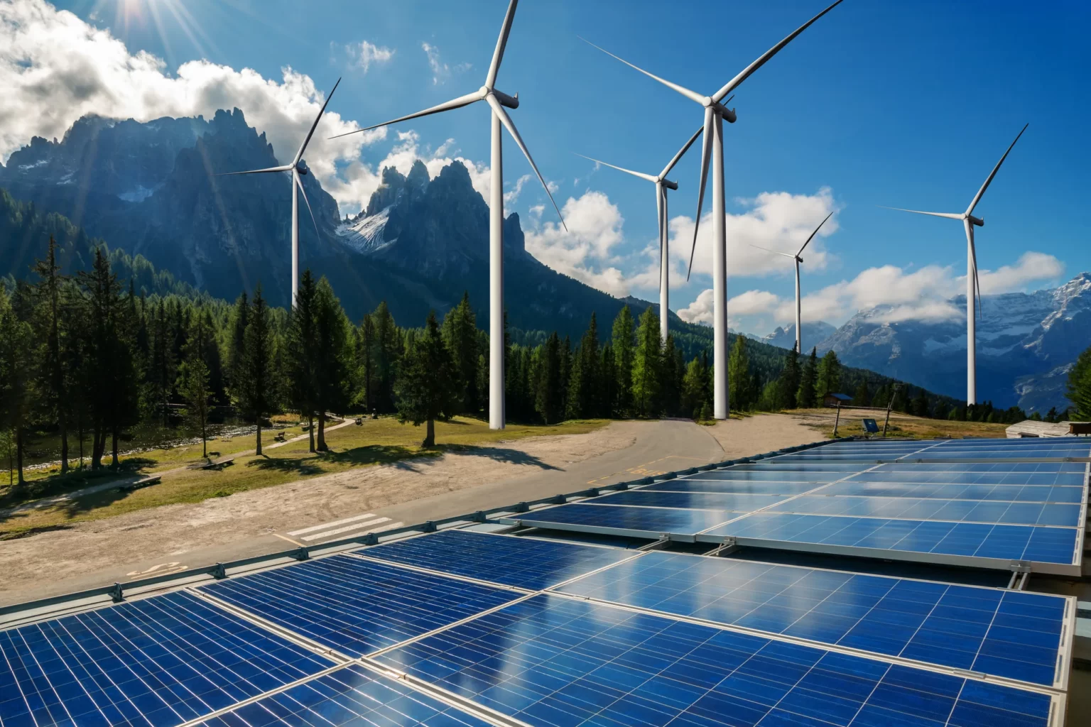 Éoliennes et panneaux solaires dans un paysage de montagne